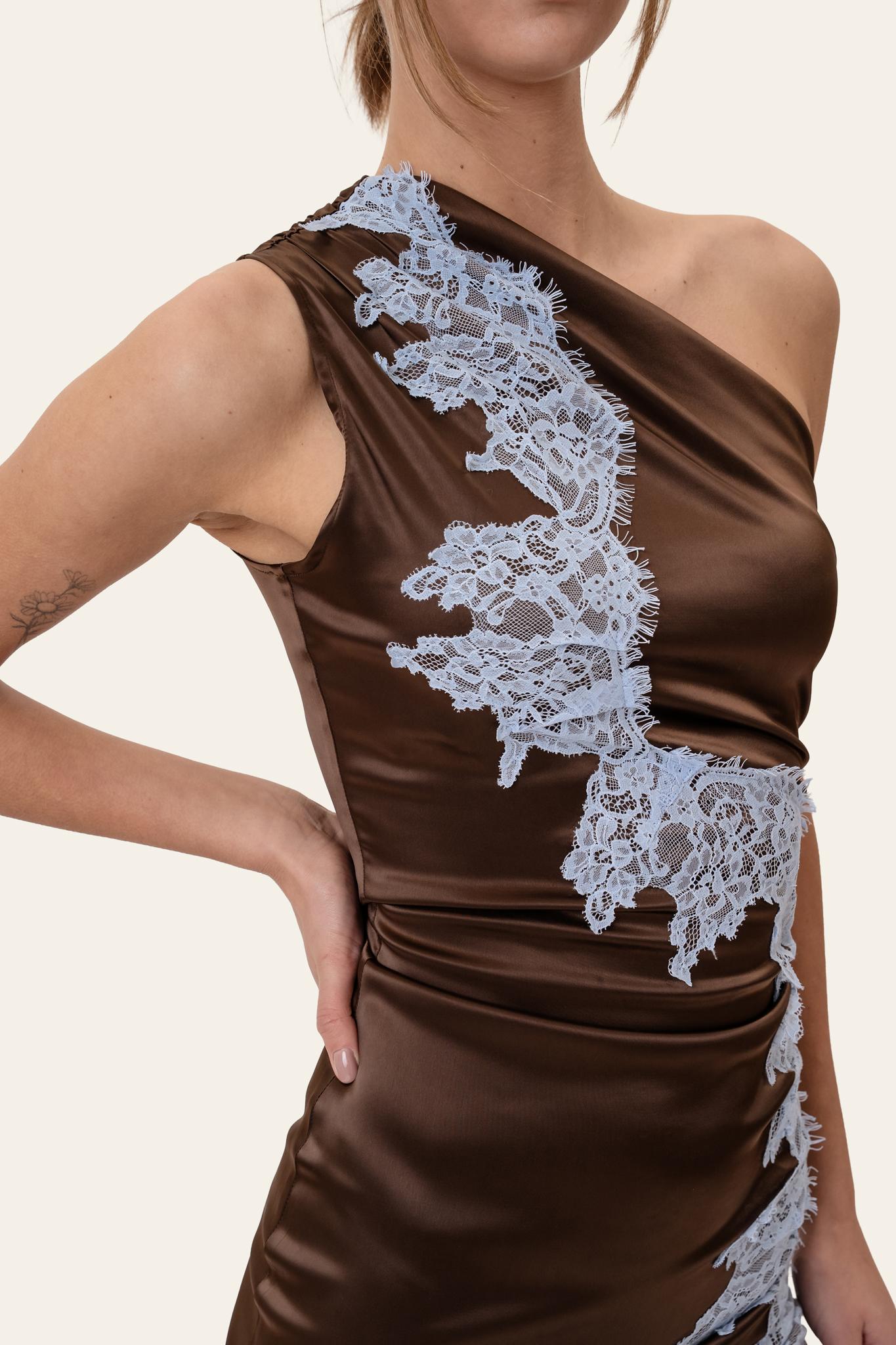 AndreaIC Satin Dress - Dark Brown Blue Lace – no.byic.com
