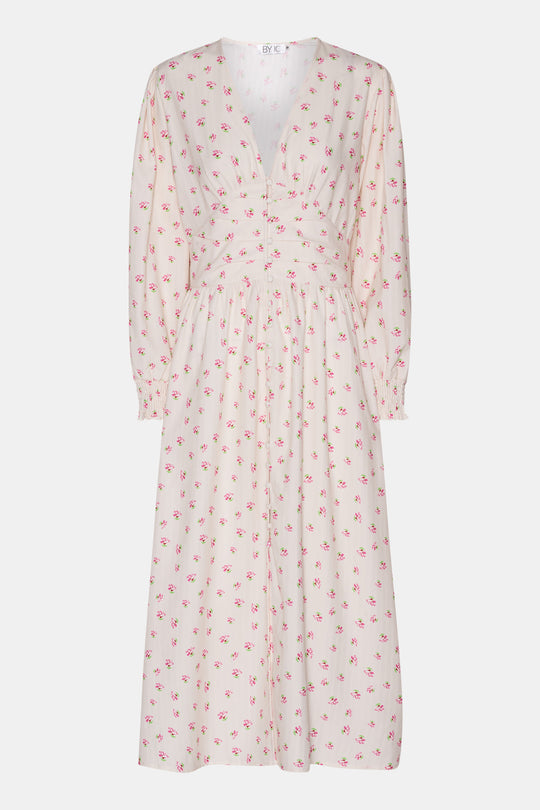 AdelIC Lang Kjole - Beige Rosa Blomstertrykk