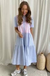 Lipe Kjole Cotton Poplin - Blå/rose Stripe